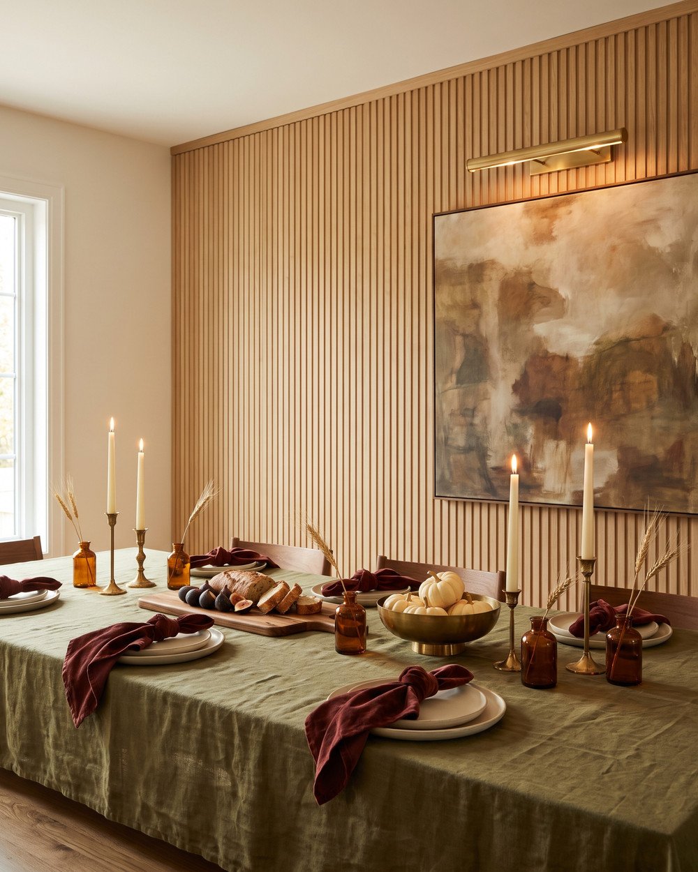 Fall dinner table with an olive linen tablecloth, oxblood velvet napkins, brass candlesticks, amber glass bud vases with dried wheat and cream stoneware, in a dining room with fluted wood paneling.