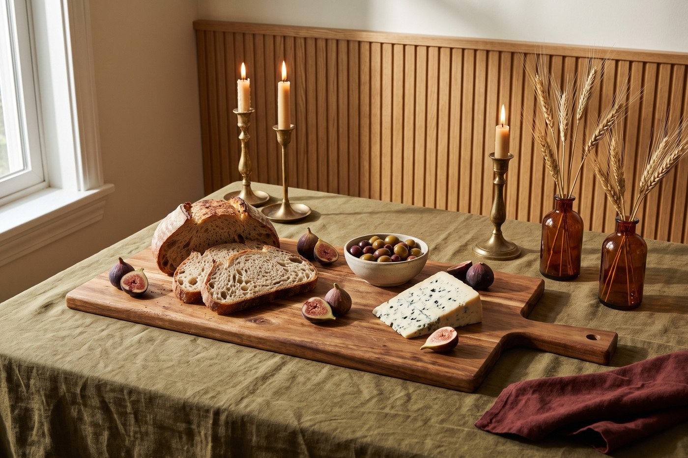 Large acacia serving board with bread, figs and cheese on an olive linen tablecloth beside brass candlesticks and amber bud vases.