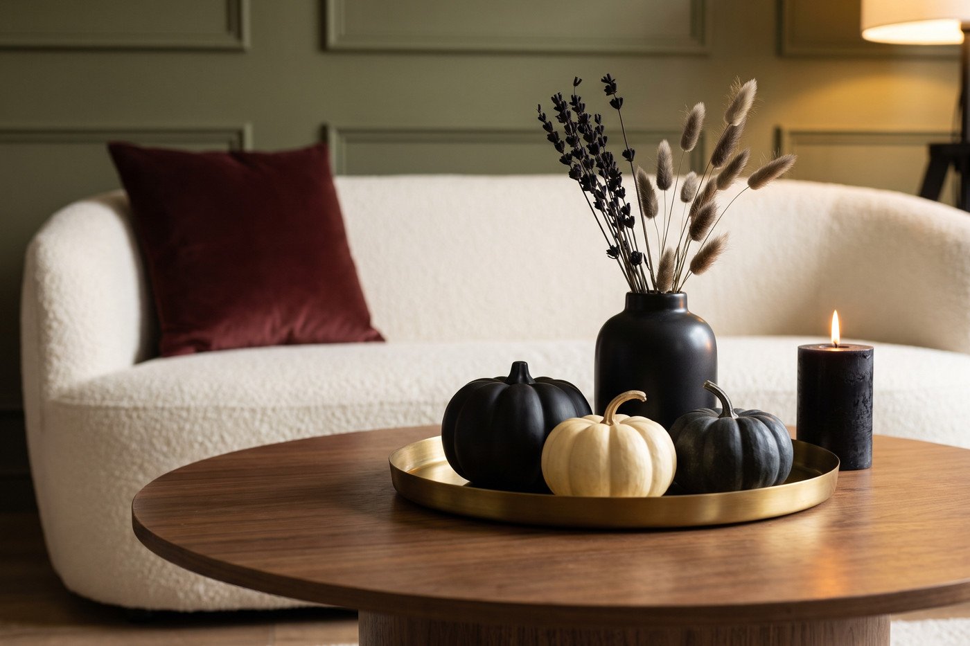 Walnut coffee table styled for Halloween with pale cream and matte black pumpkins on a brass tray, a black ceramic vase of dark dried stems and a lit black candle.