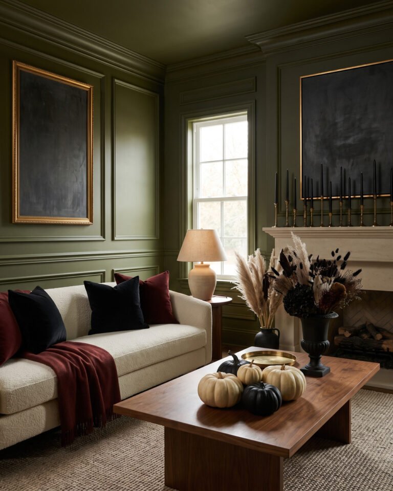 Moody Halloween living room with a cream sofa layered in black velvet and oxblood, dark dried florals in a black urn, pale and black pumpkins on the coffee table and black tapers on a limestone mantel, walls in dark olive picture-frame moulding.