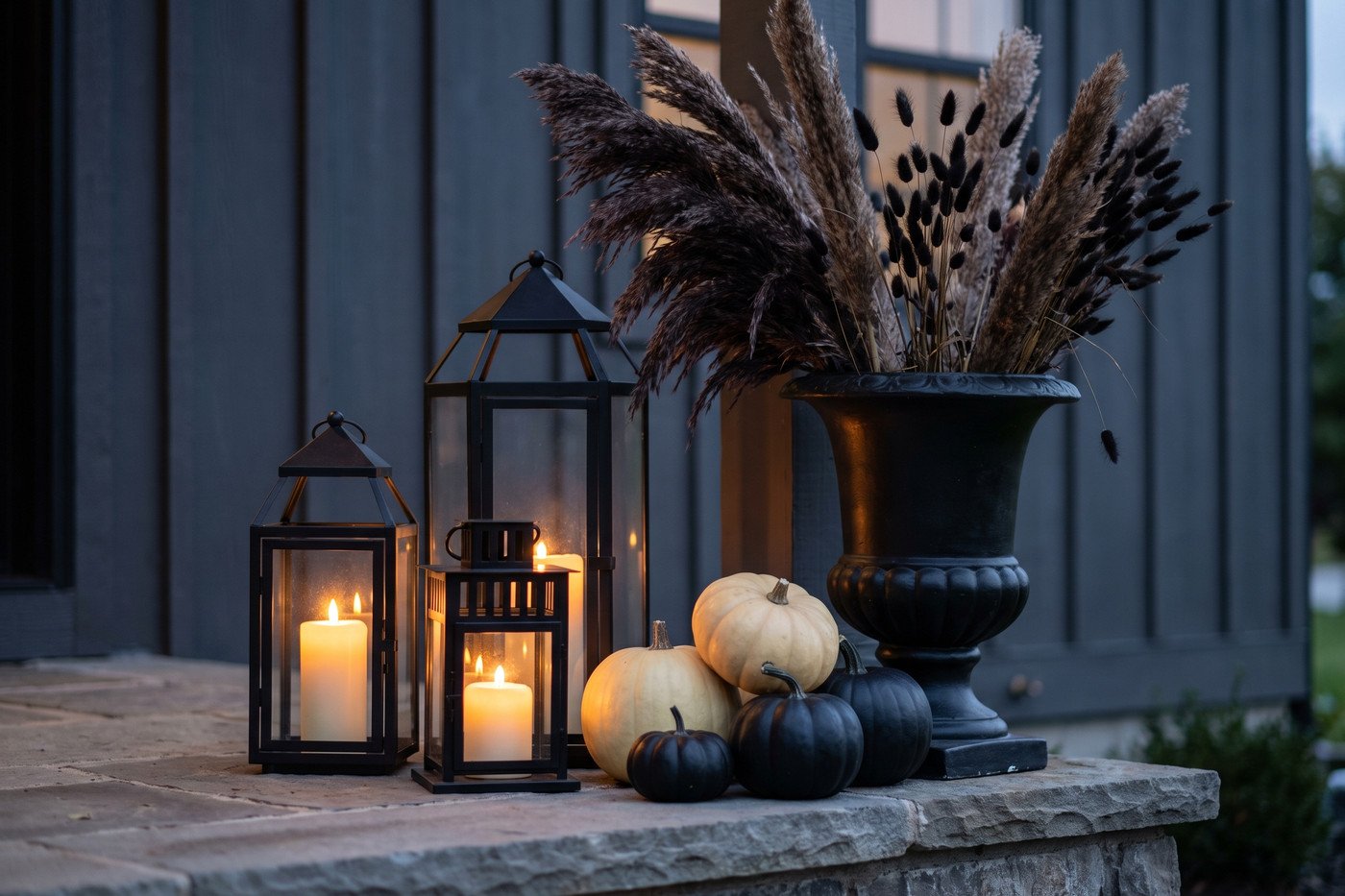 Three black metal lanterns with lit candles beside pale pumpkins and a black ceramic urn of dried dark botanicals on a stone patio ledge.