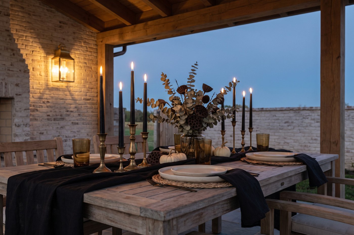 Outdoor Halloween table on a patio with a black linen runner, cream stoneware, black taper candles in brass holders and smoked glass tumblers.
