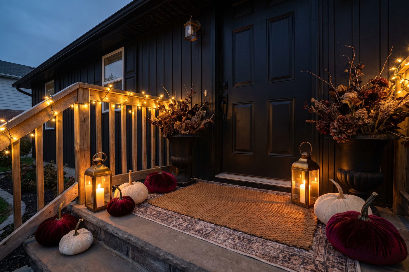 The same black front porch at night lit only by brass lanterns and warm string lights, oxblood pumpkins glowing on the steps.