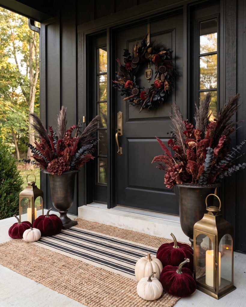 Halloween front porch with a matte black door, oxblood velvet pumpkins, dried dark florals in black urns, brass lanterns and a layered doormat against black board-and-batten siding.