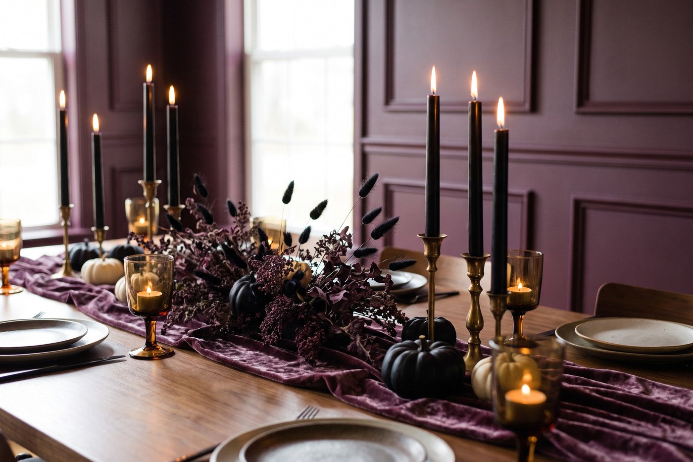 Dining table centreline with black taper candles in brass holders at three heights, dark dried florals kept low, and matte black and cream mini pumpkins on a plum velvet runner.