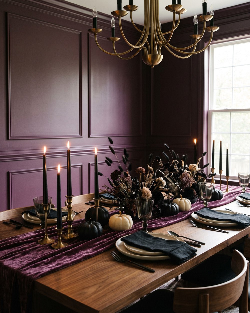 Moody Halloween dinner table with a plum velvet runner, black taper candles in brass holders, smoked glass goblets, cream stoneware and dark dried florals, in a dining room with picture-frame moulding painted deep plum.
